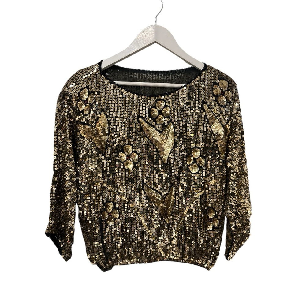 Vintage ‘80s Showgirl Gold Sequin Beaded Blouse Size Small to Medium Maximalist
